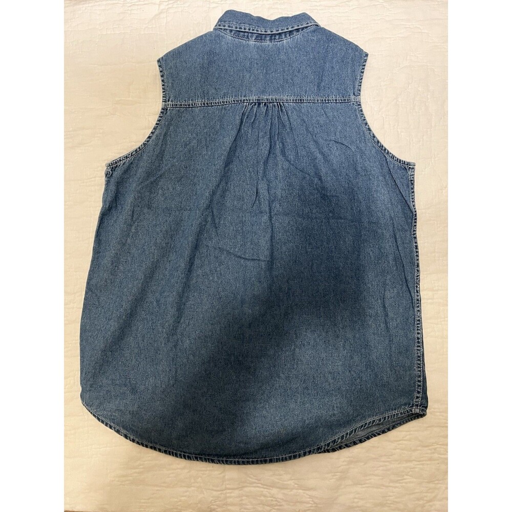 Vintage 90s Denim 100% Cotton Embroidered Sleeveless Button Down L - Picture 4 of 4